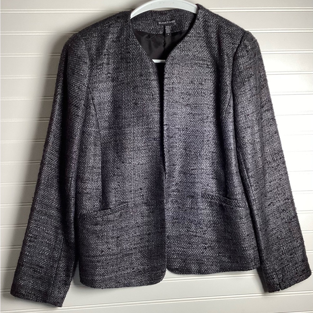 Eileen Fisher Gray & Black Open Front Silk 97% Blazer US 8